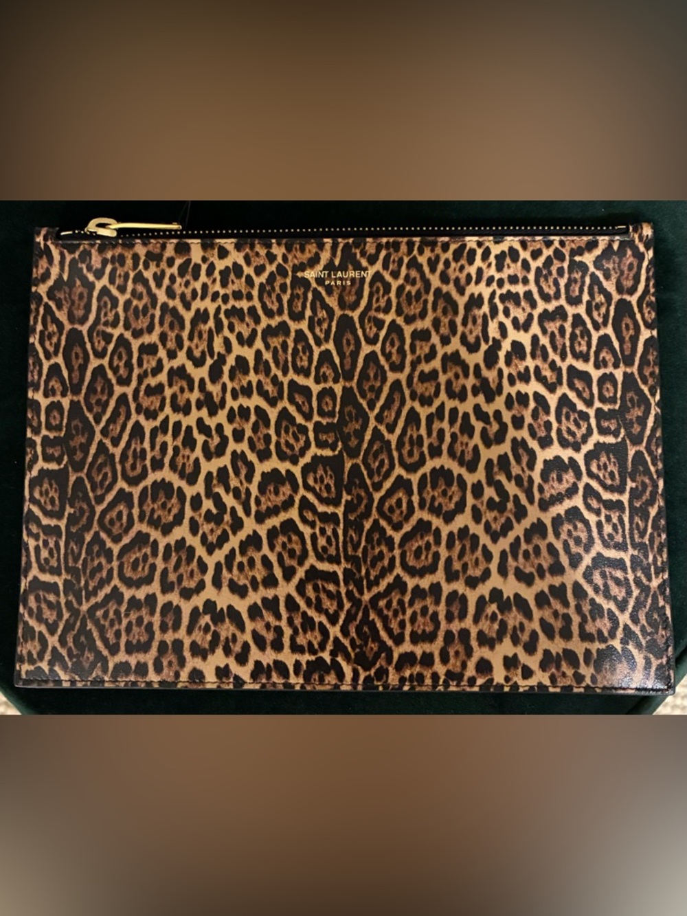 Saint Laurent Leopard Print Zip Pouch - Brown/Black/Gold (YSL) - Picture 3 of 5